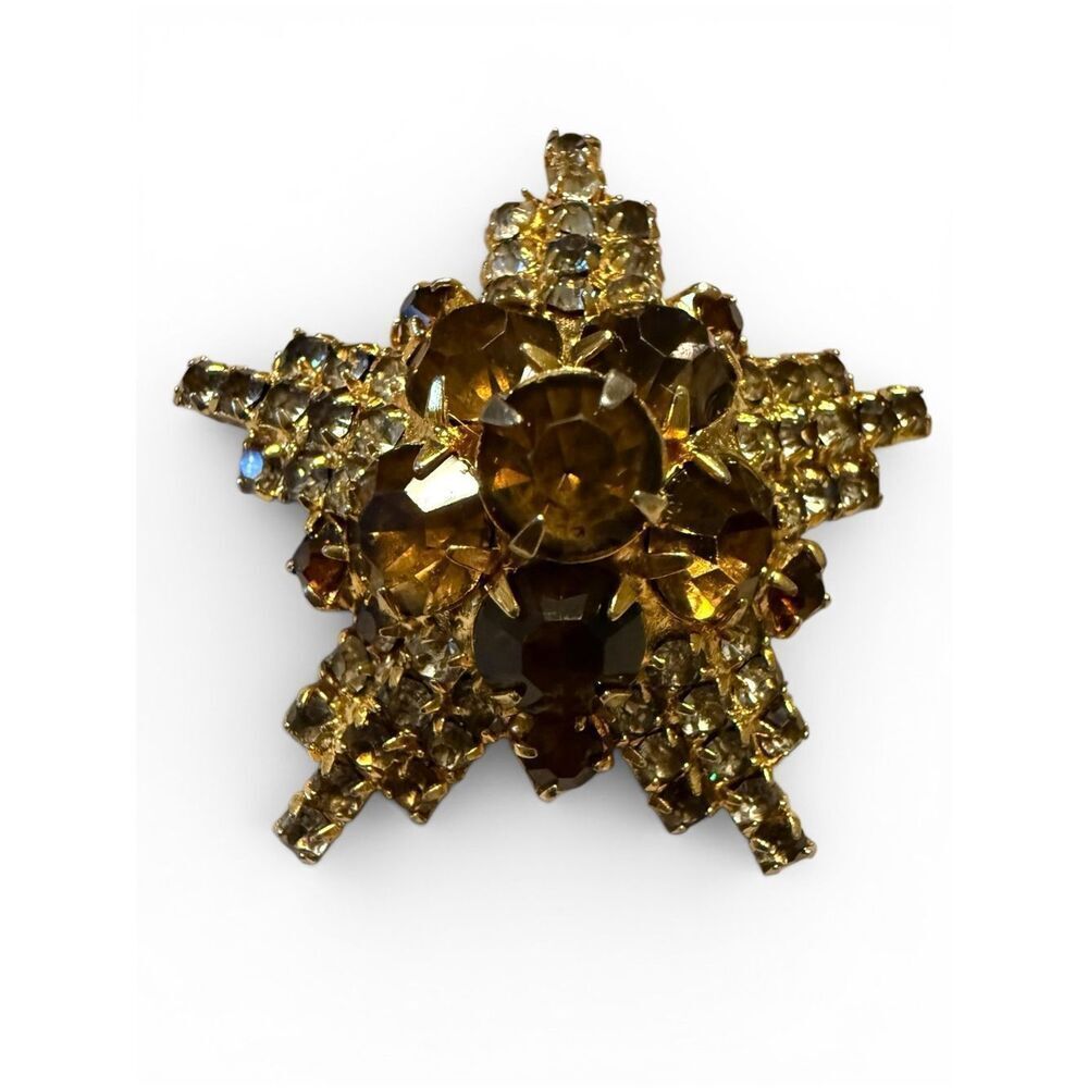 Vintage Gold Tone Star Brooch Champagne Crystal Rhinestone Statement Women